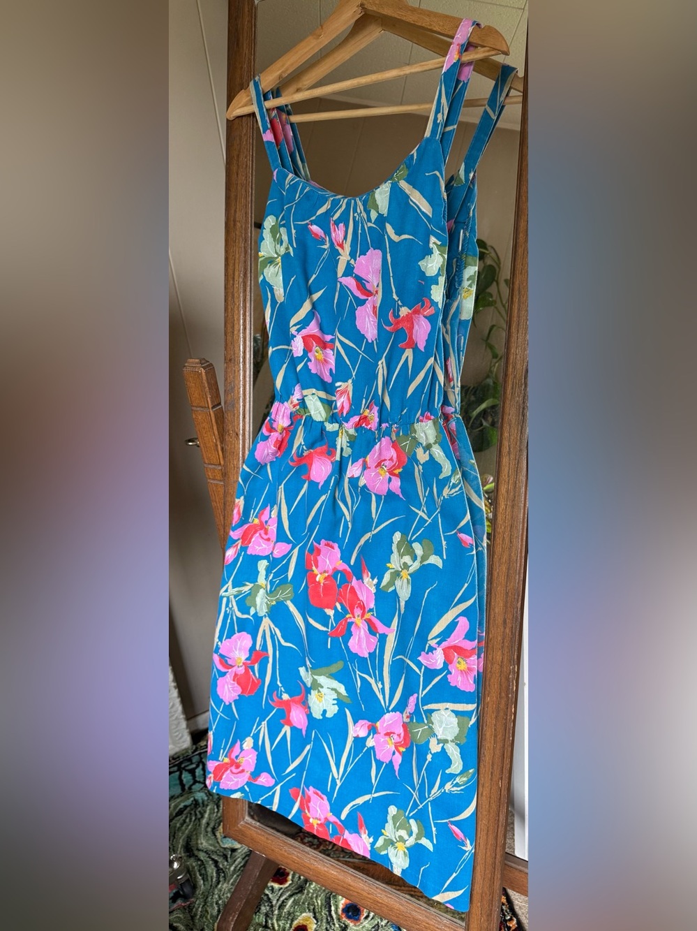 Vintage Fred Engelman Tropical Teal Floral Sundress with Pink & Red Blooms, 9-10